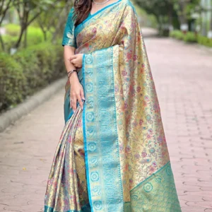 Opal Blue and Cream Woven Banarasi Saree