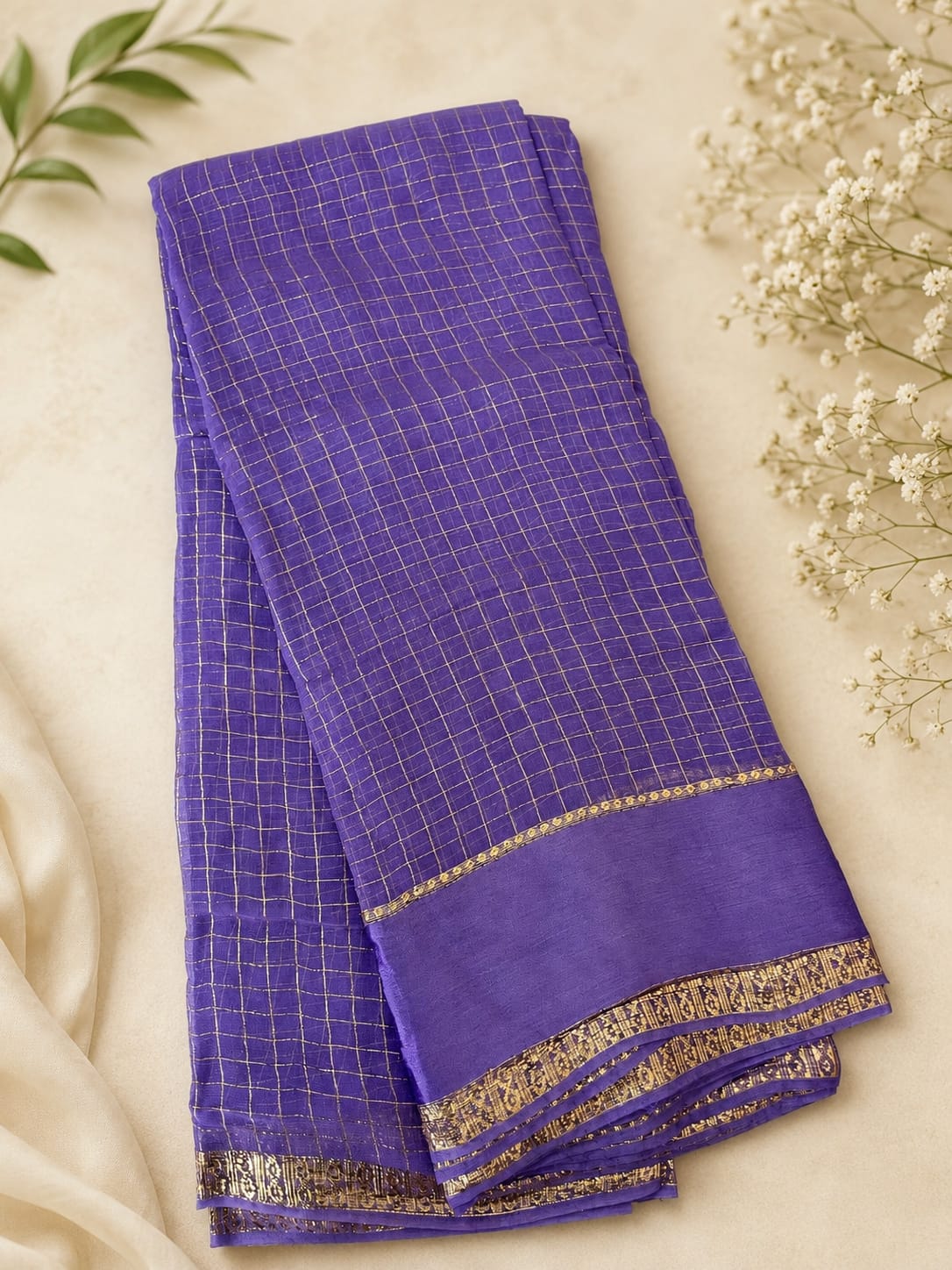Violet Viscose Checked Georgette Silk saree with Unstitched blouse - Image 2