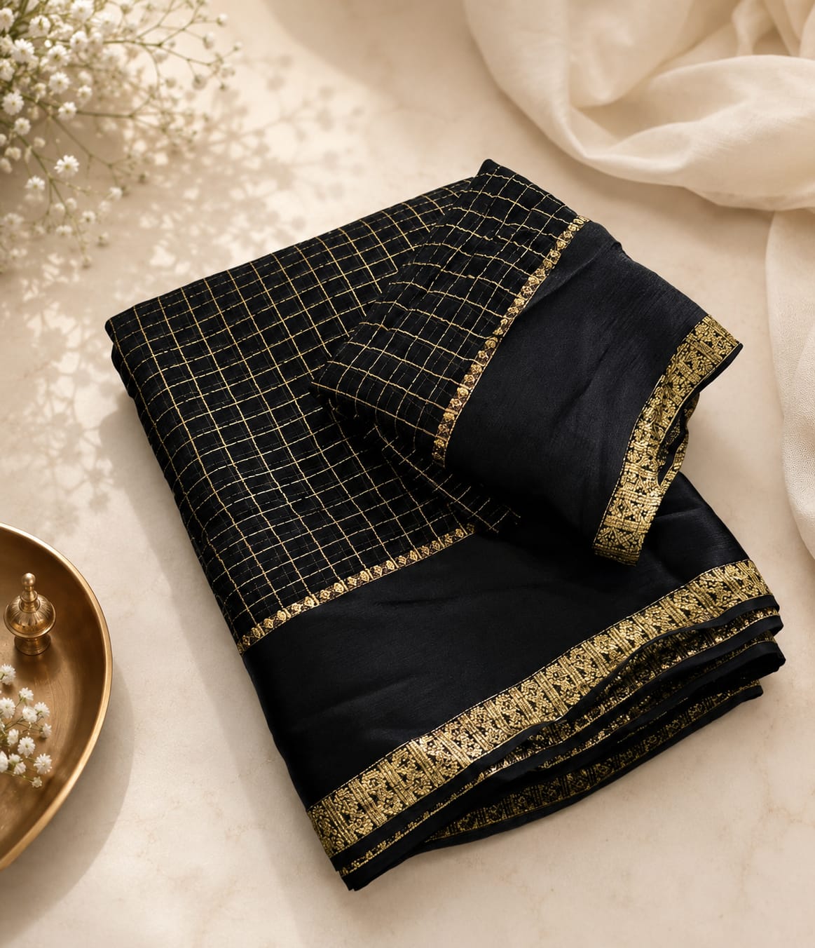 Black Viscose Checked Georgette Silk saree - Image 2