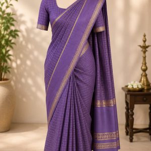 Violet Viscose Checked Georgette Silk saree with Unstitched blouse