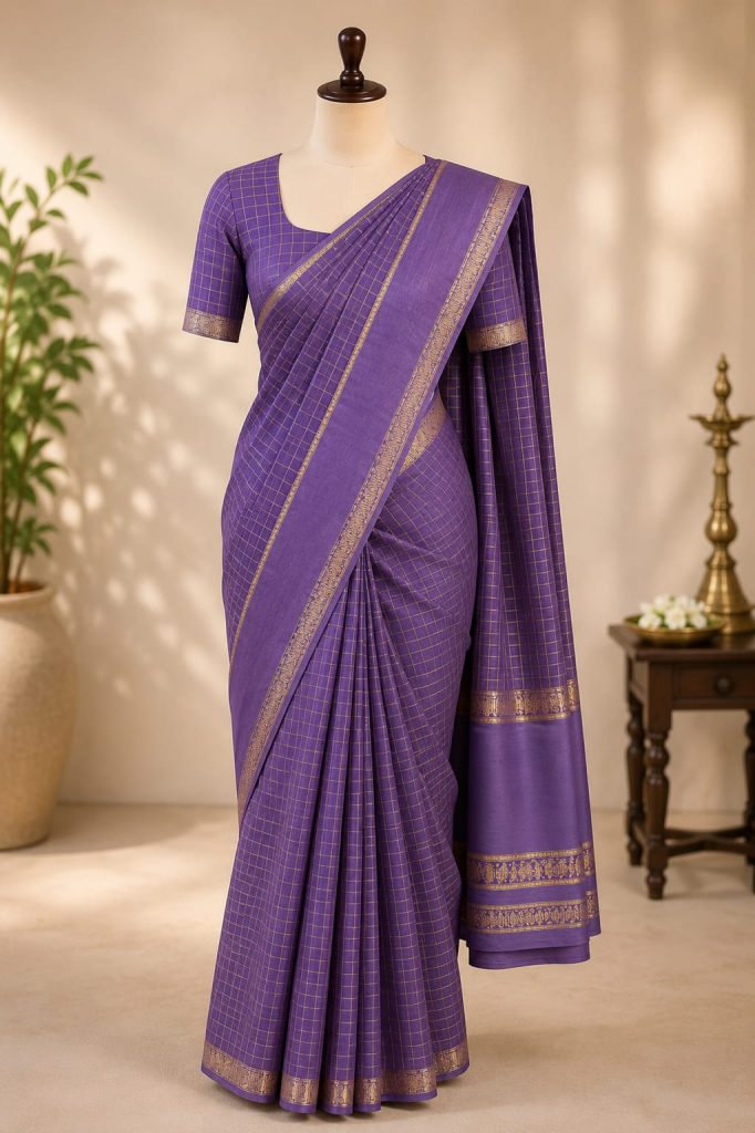 violet-viscose-checked-georgette-silk-saree-with-unstitched-blouse