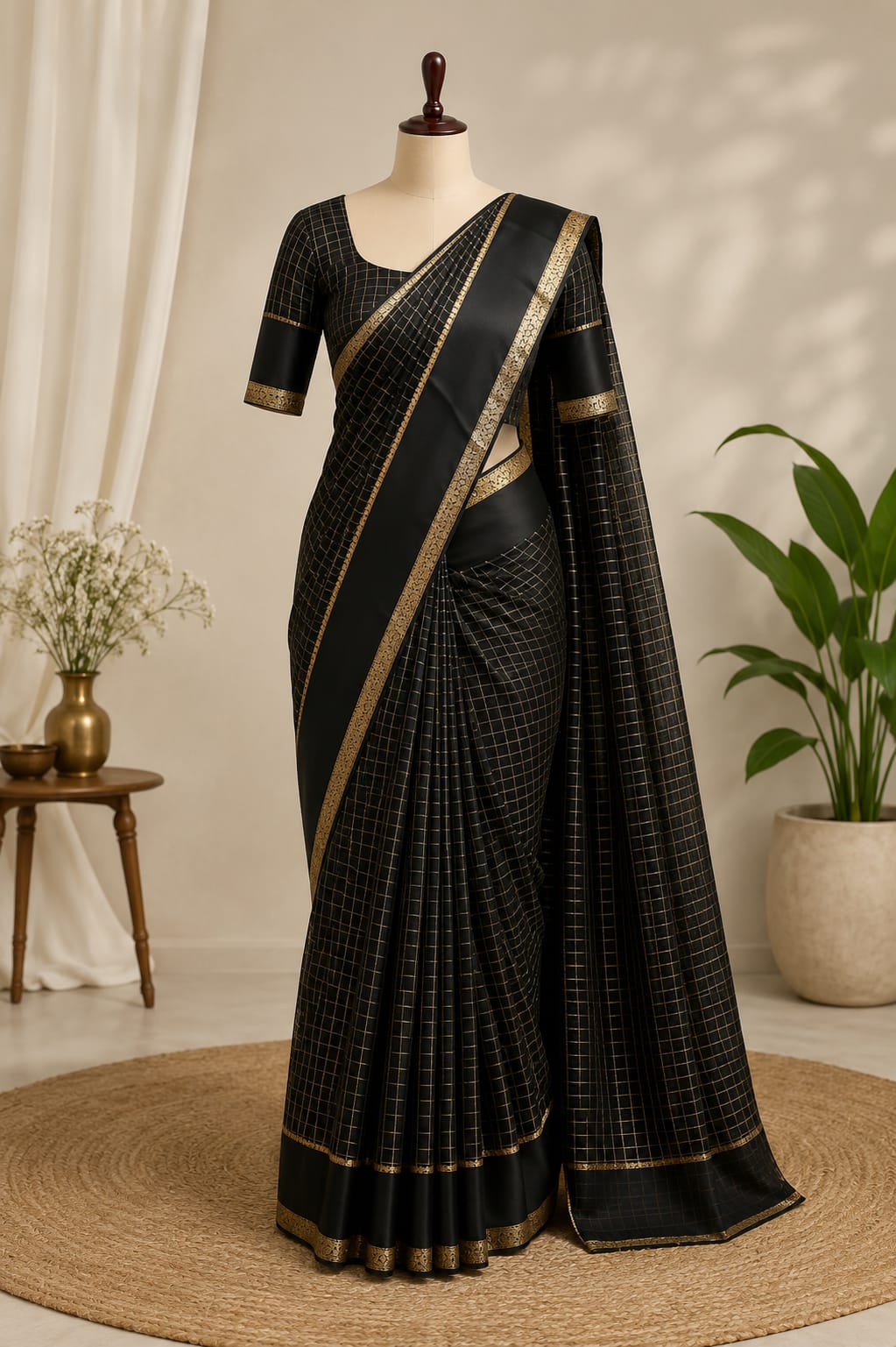 Black Viscose Checked Georgette Silk saree