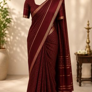 Maroon Viscose Checked Georgette Silk Saree