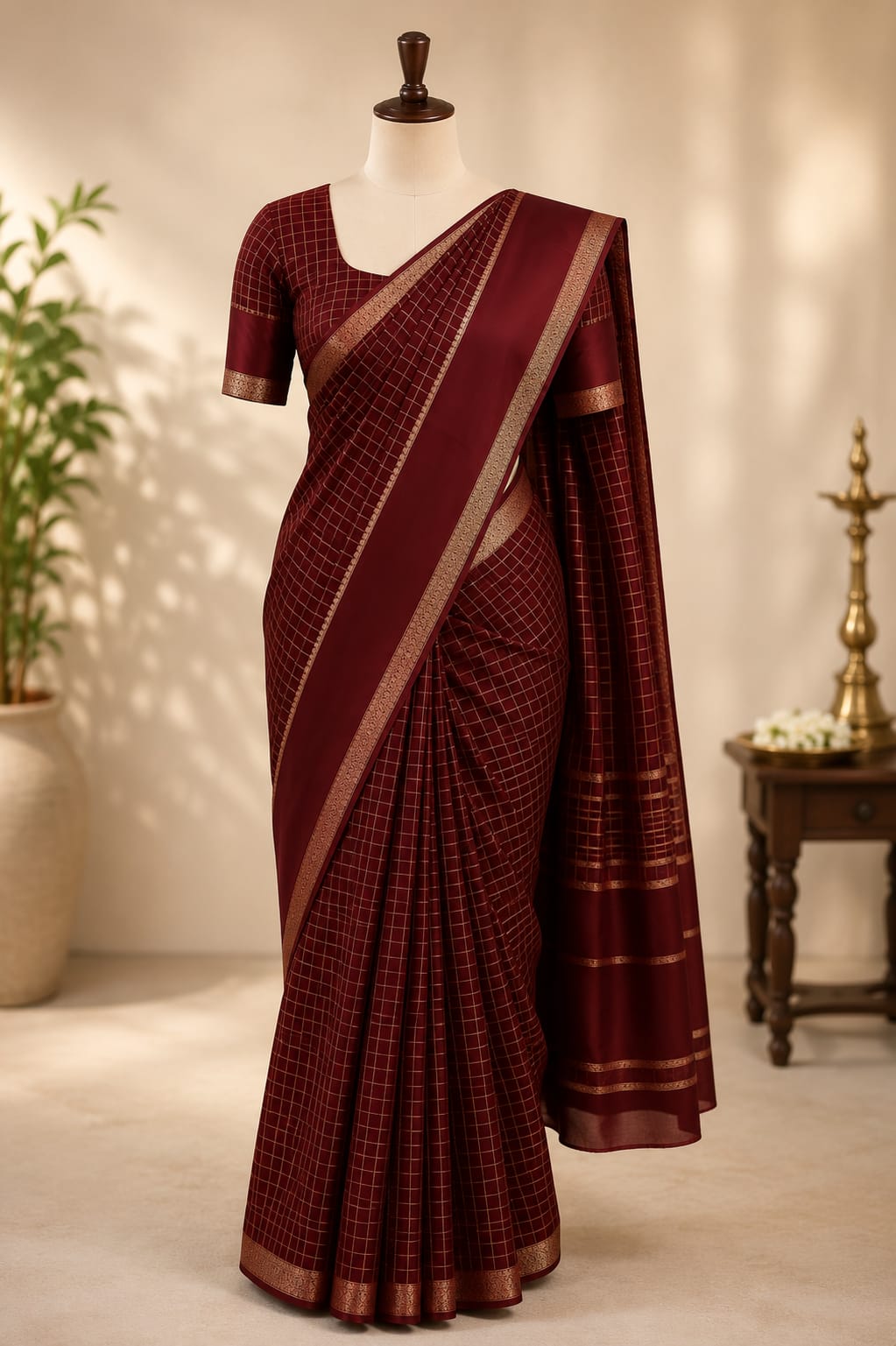Maroon Viscose Checked Georgette Silk Saree