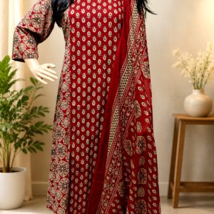 Three Piece Ajrakh Printed Anarkali cotton Kurta Set