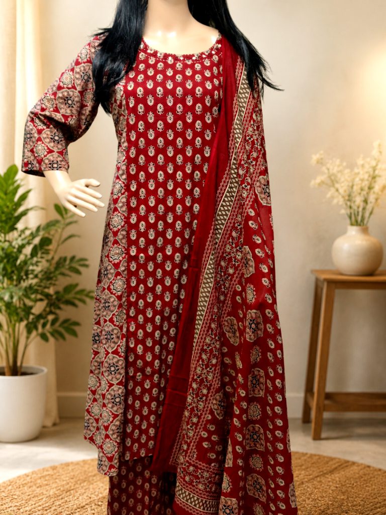 three-piece-ajrakh-printed-anarkali-cotton-kurta-set