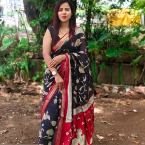 Stunning Black Soft Cotton Kalamkari Print Zari Weaving Border with Unstitched Running Blouse
