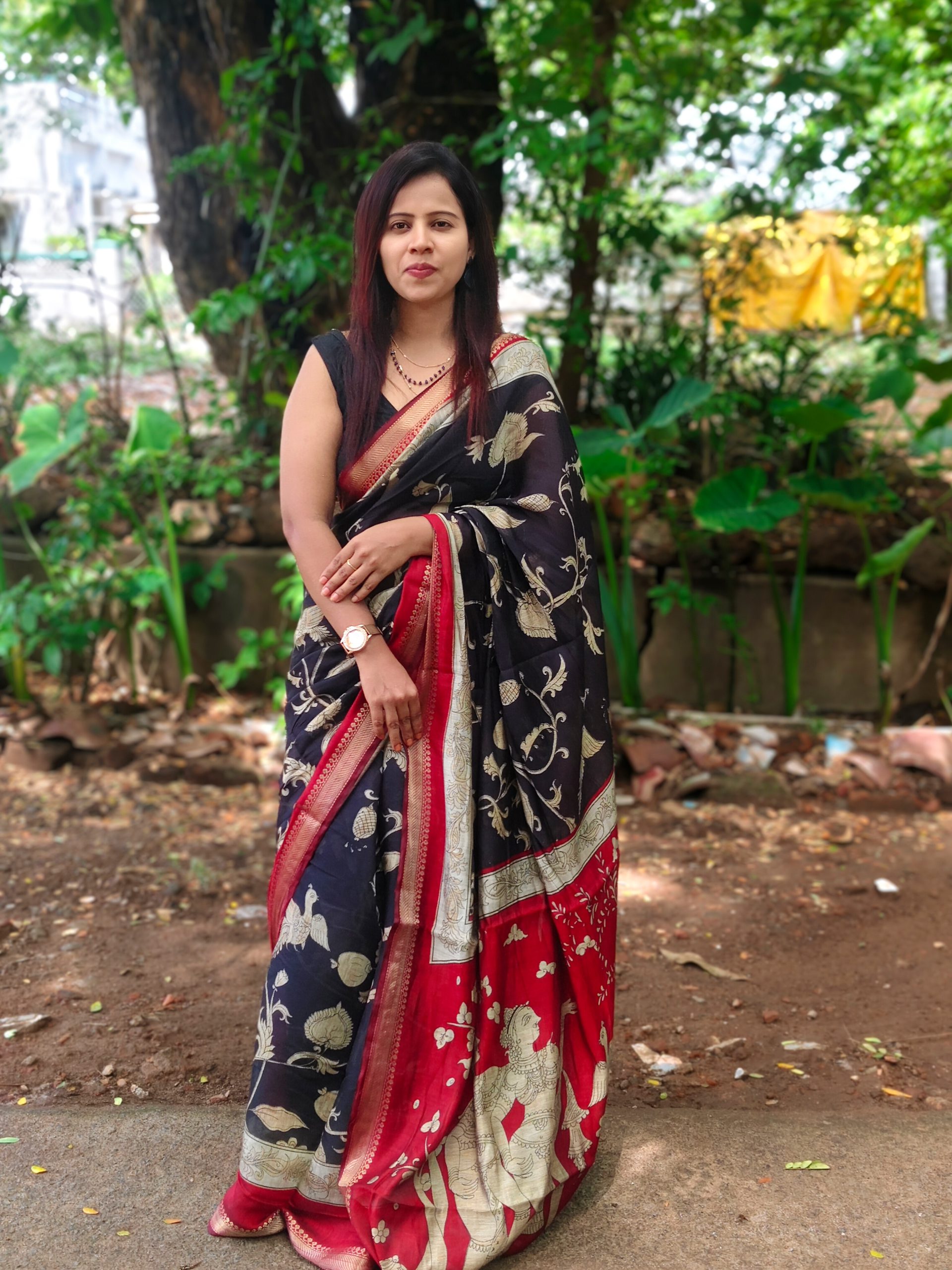 Stunning Black Soft Cotton Kalamkari Print Zari Weaving Border with Unstitched Running Blouse
