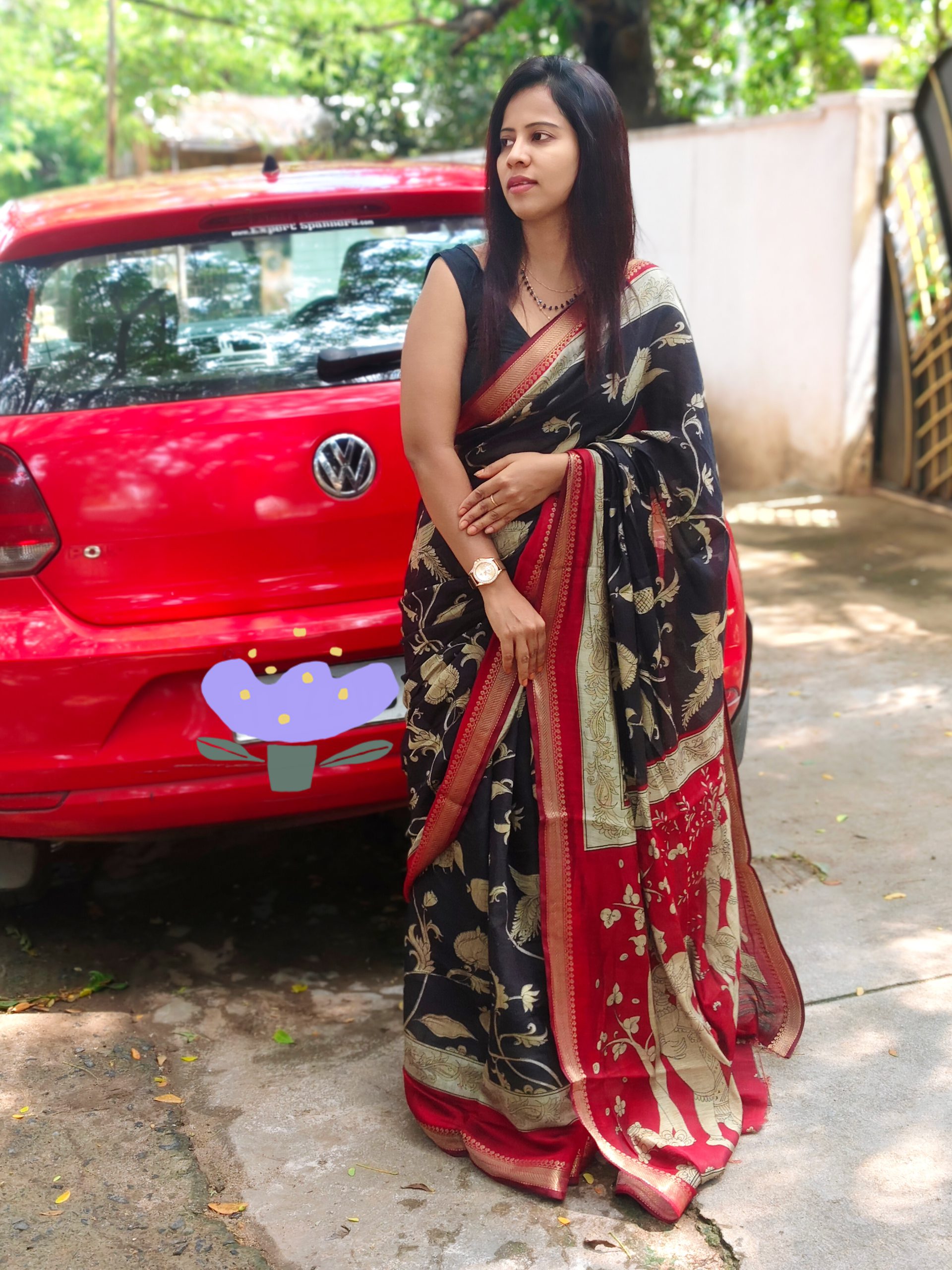 Stunning Black Soft Cotton Kalamkari Print Zari Weaving Border with Unstitched Running Blouse - Image 2