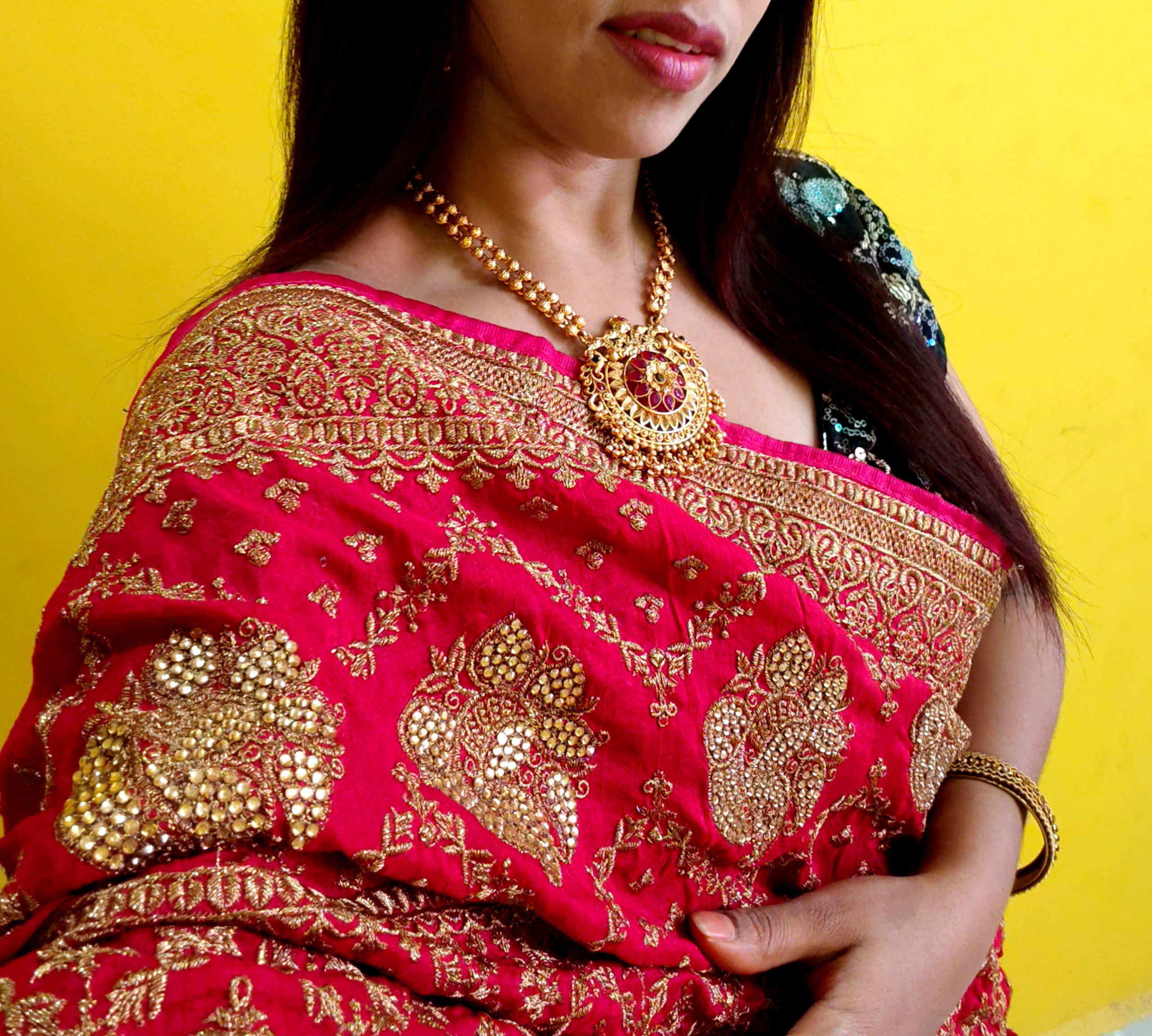 Elegant Red Designer Saree Featuring Heavy Gold Embroidery & Stone Embellishment - Image 4
