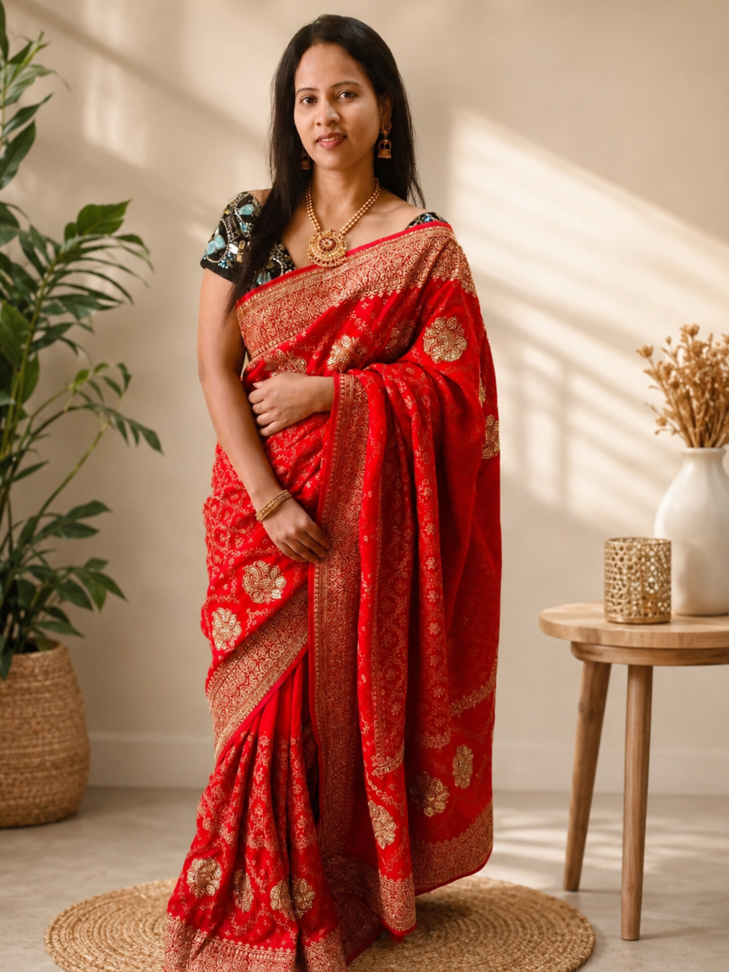 Elegant Red Designer Saree Featuring Heavy Gold Embroidery & Stone Embellishment - Image 3