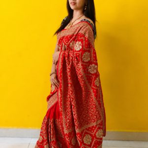Elegant Red Designer Saree Featuring Heavy Gold Embroidery & Stone Embellishment