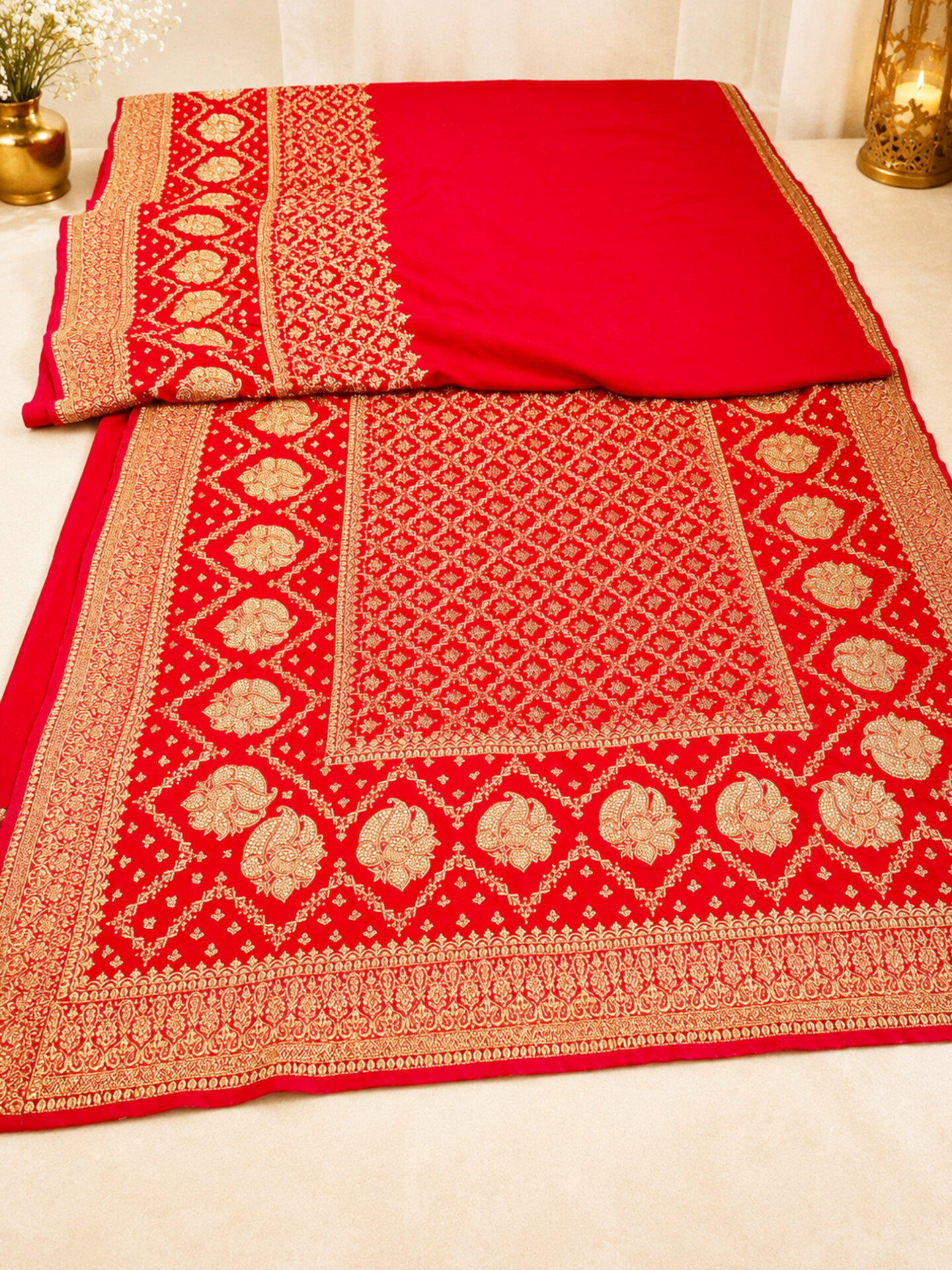 Elegant Red Designer Saree Featuring Heavy Gold Embroidery & Stone Embellishment - Image 2