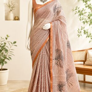 Peach Linen Cotton Striped Printed Saree with Unstitched blouse