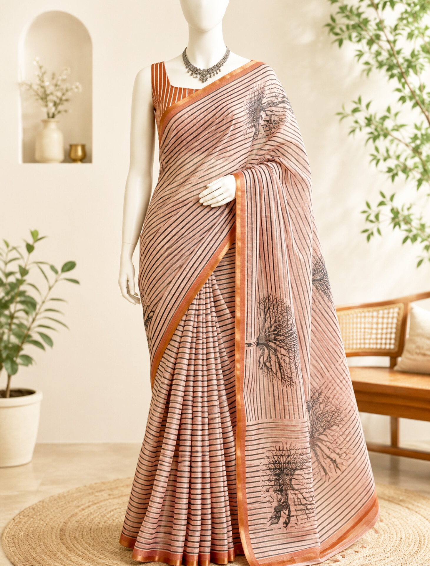 Peach Linen Cotton Striped Printed Saree with Unstitched blouse