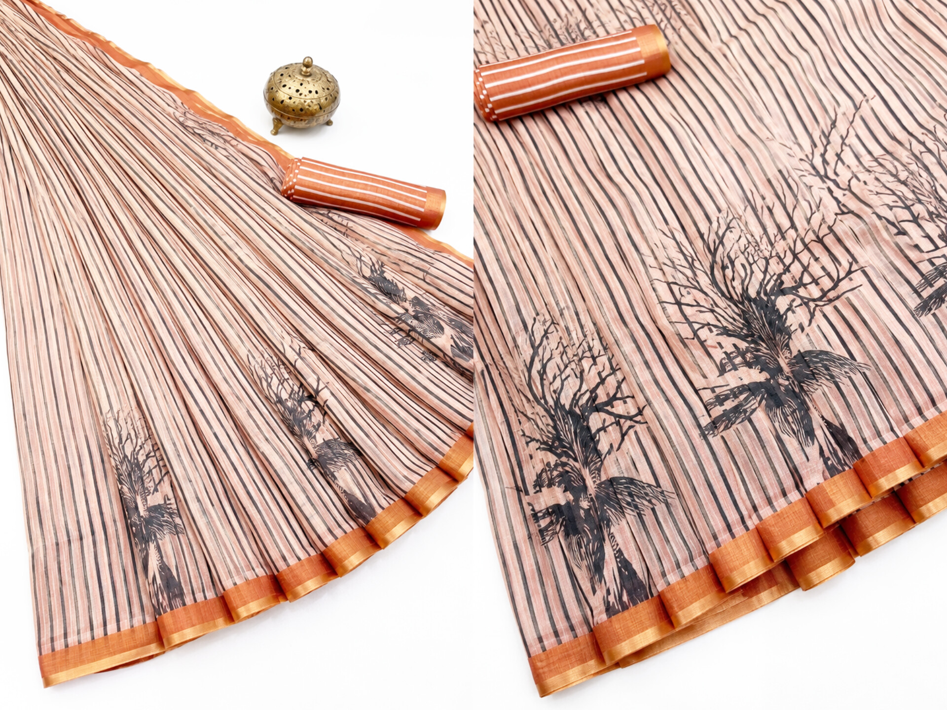 Peach Linen Cotton Striped Printed Saree with Unstitched blouse - Image 2