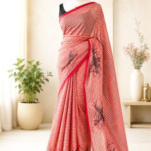 Pink Linen Cotton Striped Printed Saree with Unstitched Blouse