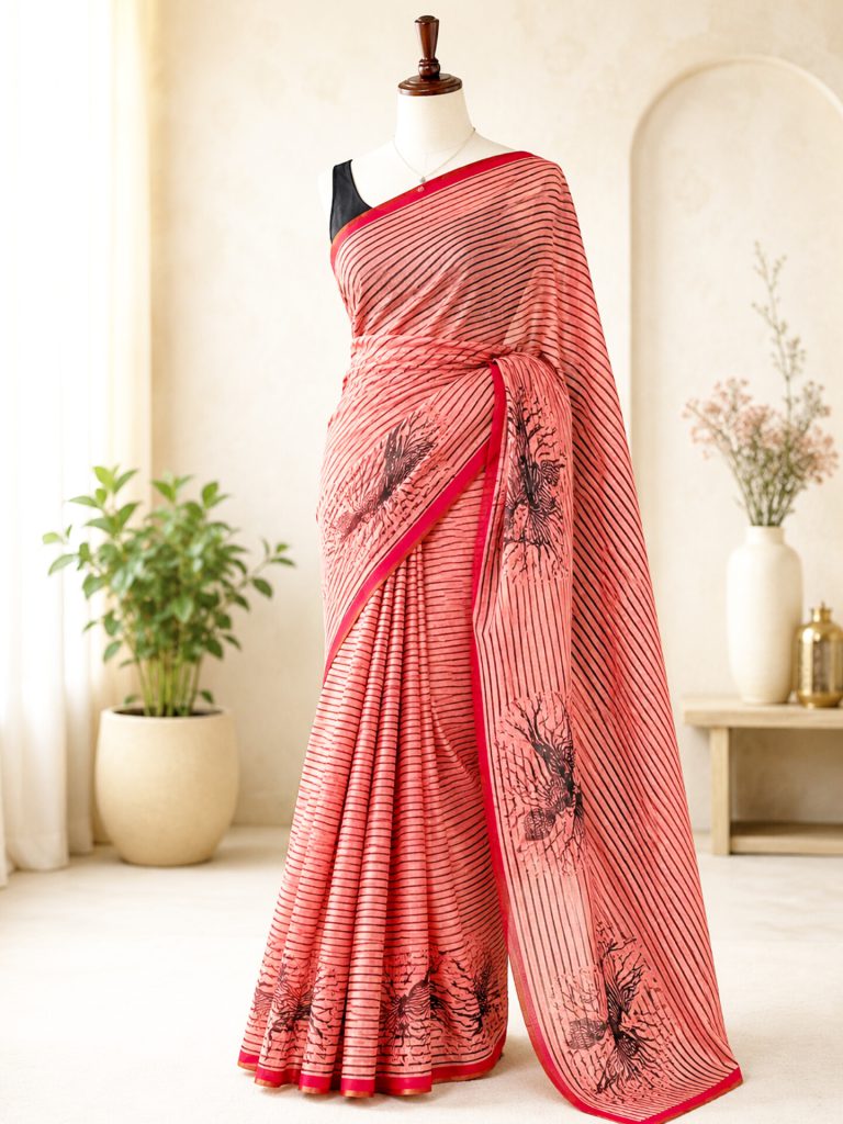 pink-linen-cotton-striped-printed-saree-with-unstitched-blouse