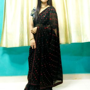 Black Georgette Party wear Saree with Red & Black Heavy Stone Work