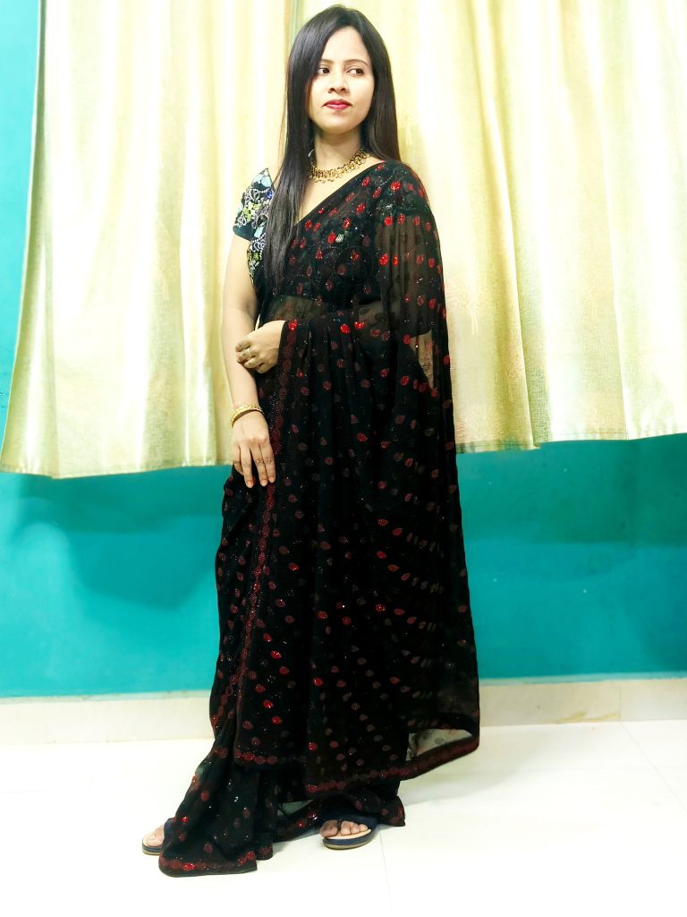 black-georgette-party-wear-saree-with-red-black-stone-work