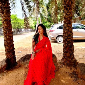 Red Georgette Party Wear Saree with Red & Black Heavy Stone Work