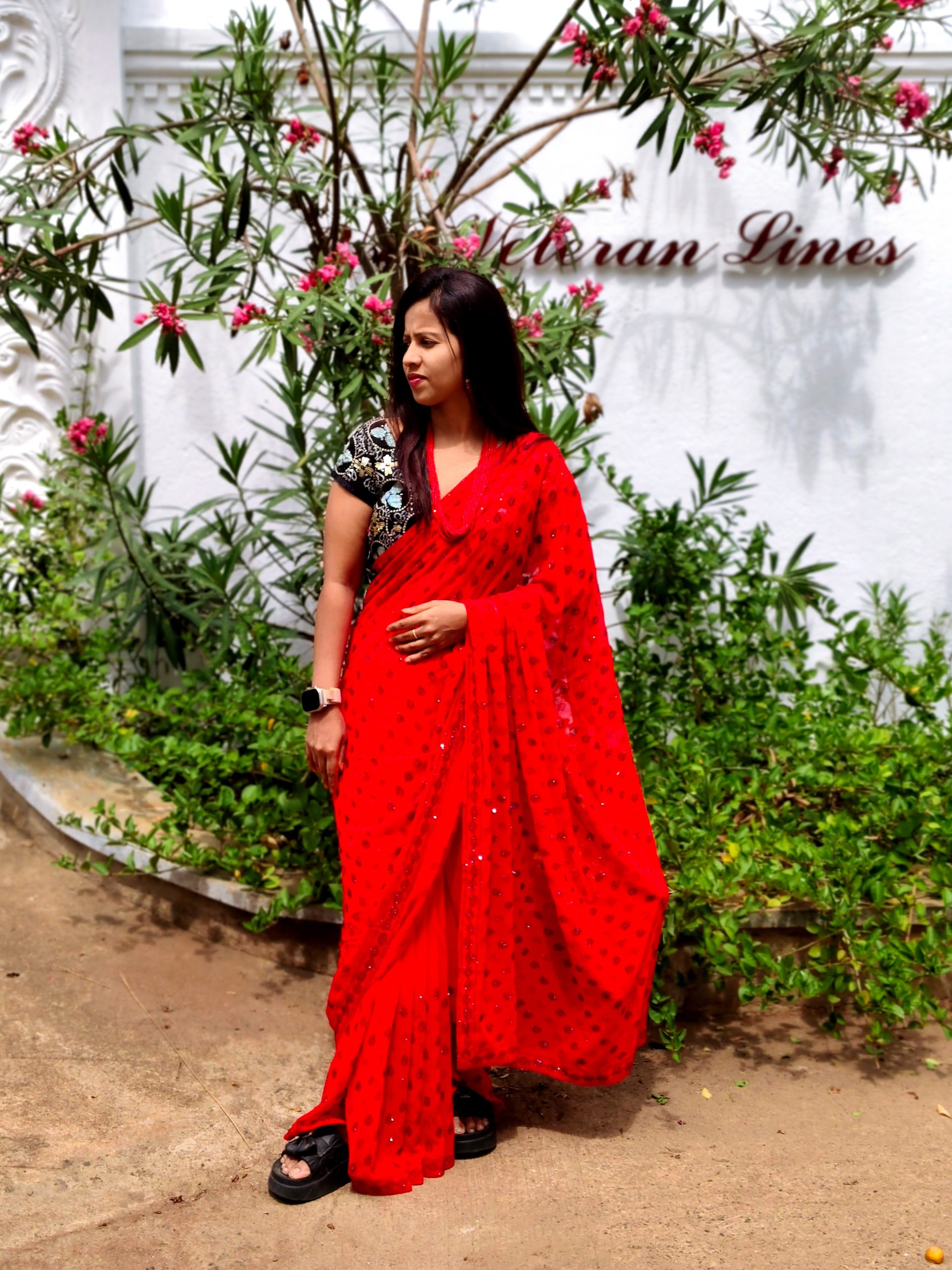 Red Georgette Party Wear Saree with Red & Black Heavy Stone Work