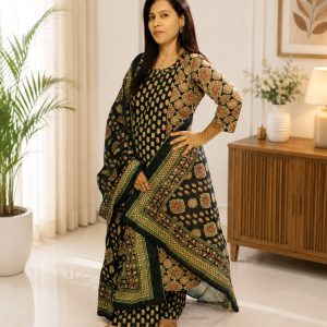 Three Piece Ajrakh Printed Anarkali Black cotton Kurta set