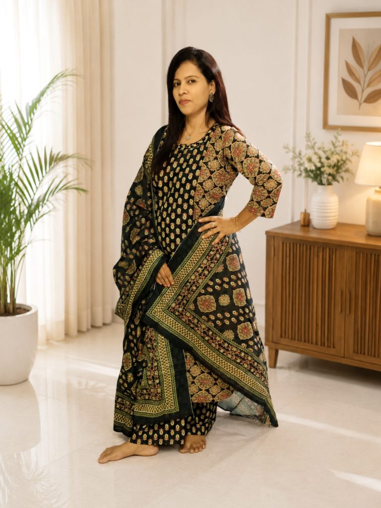 three-piece-ajrakh-printed-anarkali-cotton-kurta-set-2