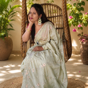 Pista Green Soft Silk Saree with Floral Thread Embroidery & Stone Work