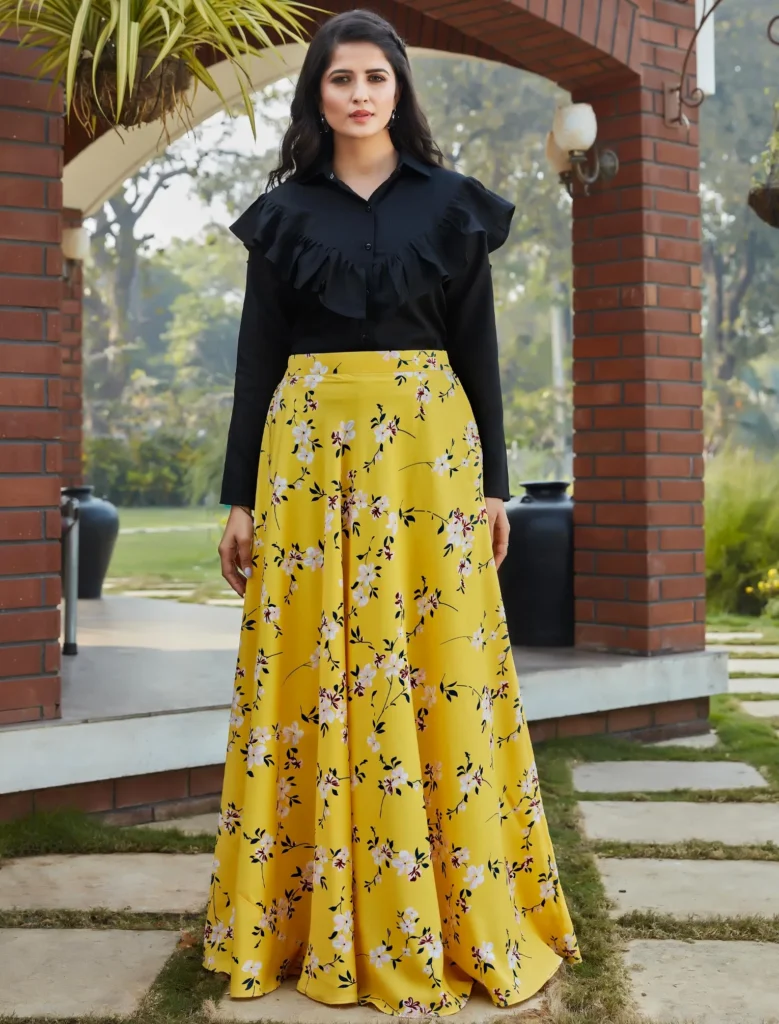 intricate-black-yellow-colored-casual-wear-printed-western-crop-top-skirt-set-m