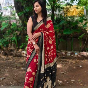 Stunning Red Cotton Kalamkari Print Saree With Zari Weaving Border & Unstitched Running Blouse