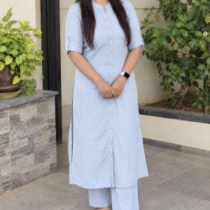 Pure Cotton Light Sky Blue Co-ord Set