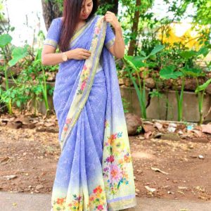 Lavender Premium Linen Cotton Saree with Floral Embroidery
