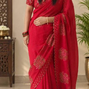 Premium Georgette Rani Pink Saree with Scalloped Sequin Lined Edge