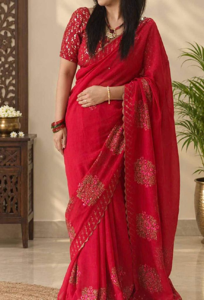 premium-georgette-rani-pink-saree-with-scalloped-sequin-lined-edge
